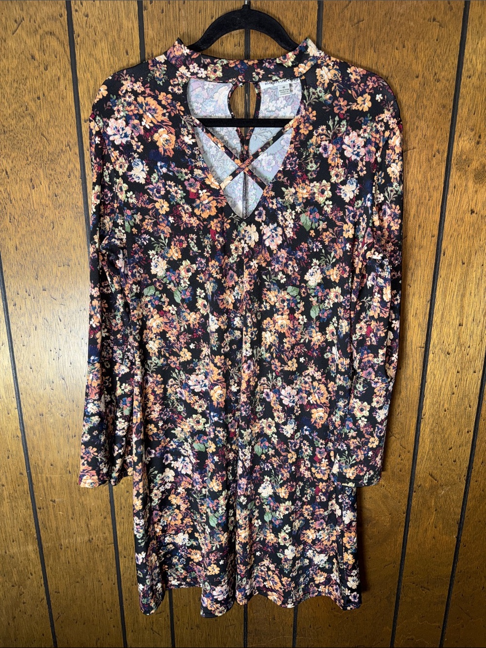 madison leigh Black Floral Bell Sleeve Crisscross V-Neck Dress
